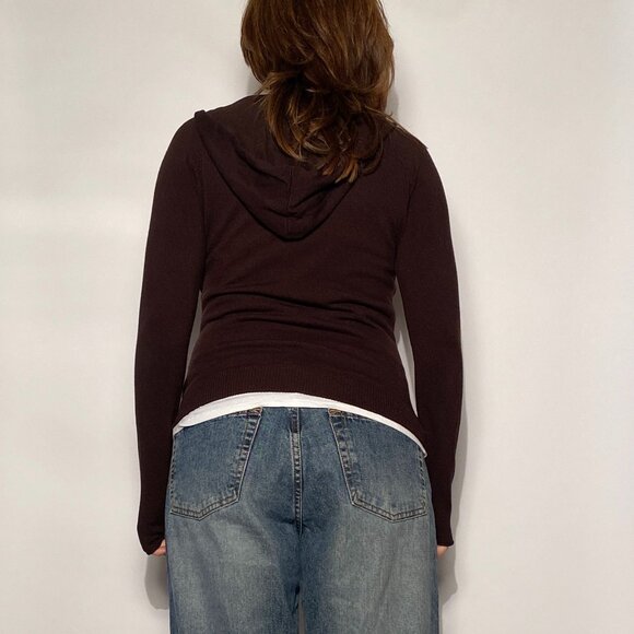 Vintage Brown Y2K PERFECT BASIC Scrunchy Ruched Zip Up HOODIE Cardigan! M to L - Picture 2 of 14